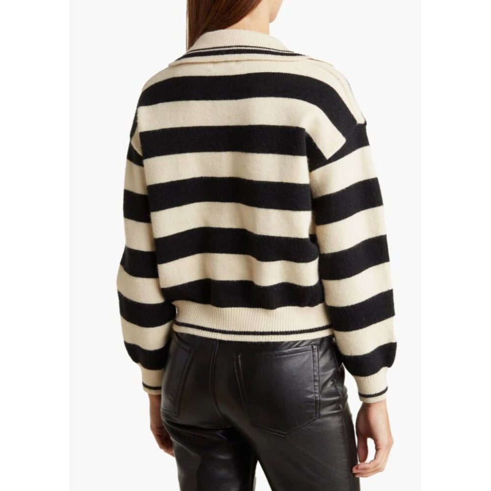 Frnch Paris Women's Black Cream Mika Striped Collared Crop Sweater Size S 3079 - Picture 5 of 12